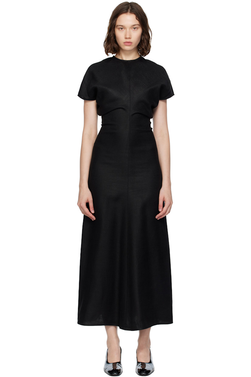 Basket-woven viscose- and linen-blend midi dress.

· Round neck
· Draping at front and back
· Cap sleeves
· Concealed zip closure at back

Supplier color: Black