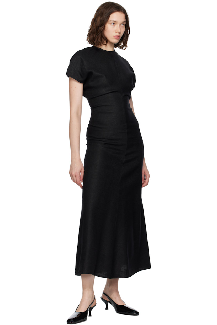 Basket-woven viscose- and linen-blend midi dress.

· Round neck
· Draping at front and back
· Cap sleeves
· Concealed zip closure at back

Supplier color: Black