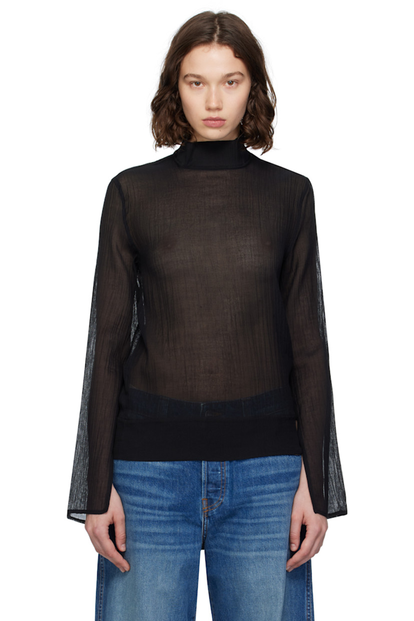 Semi-sheer cotton- and silk-blend gauze blouse.

· Mock neck
· Slit at cuffs
· Concealed zip closure at back

Supplier color: Black