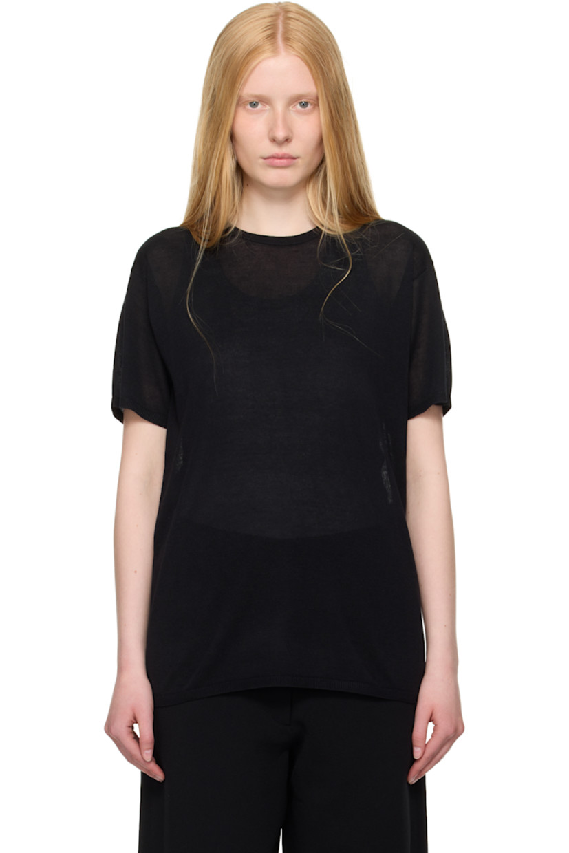 Semi-sheer knit lyocell- and cashmere-blend T-shirt. 

· Rib-knit crewneck, hem, and cuffs
· Dropped shoulders

Supplier color: Black