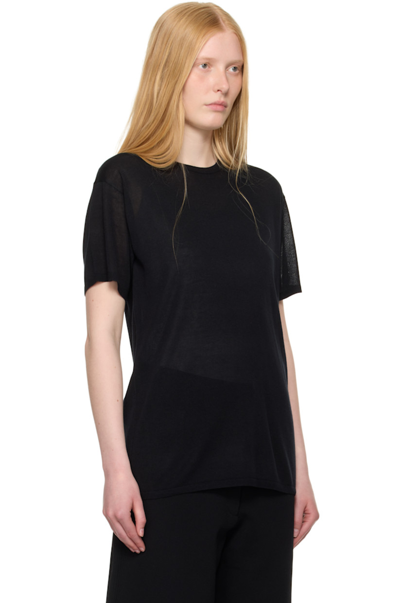 Semi-sheer knit lyocell- and cashmere-blend T-shirt. 

· Rib-knit crewneck, hem, and cuffs
· Dropped shoulders

Supplier color: Black