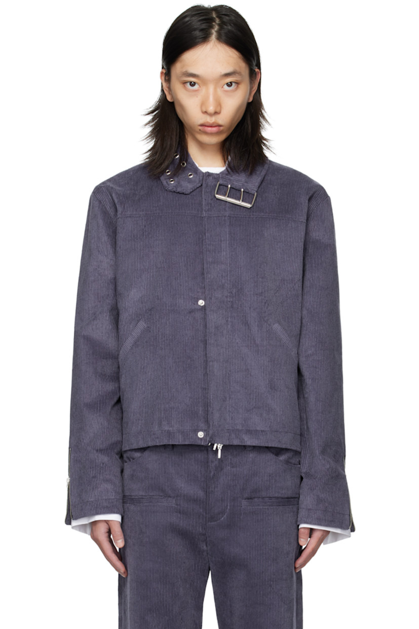 Cotton corduroy jacket.

· Pin-buckle fastening at spread collar 
· Concealed two-way zip closure 
· Press-stud placket 
· Welt pockets at waist
· Cropped hem 
· Zip vent at cuffs
· Full satin twill lining

Supplier color: Lilac