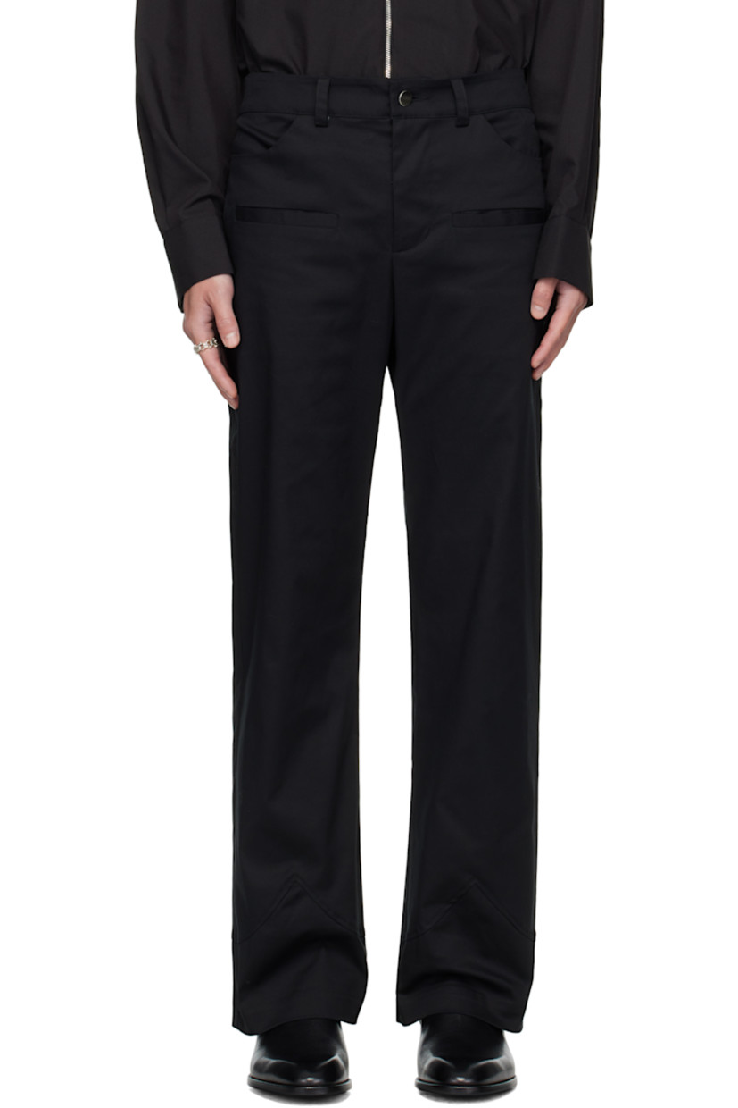 Cotton-blend satin trousers.

· Loose-fit, straight-leg
· Belt loops
· Four-pocket styling
· Zip fly
· Darts at back waist

Supplier color: Black