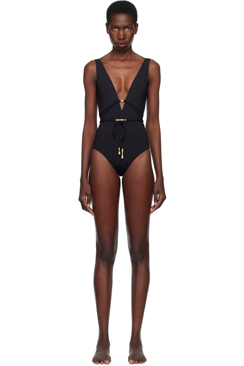 Stretch nylon jersey one-piece swimsuit.

· Plunging V-neck
· Wraparound self-tie straps with beading
· Fixed straps
· Low back
· Partially lined

Supplier color: Noir