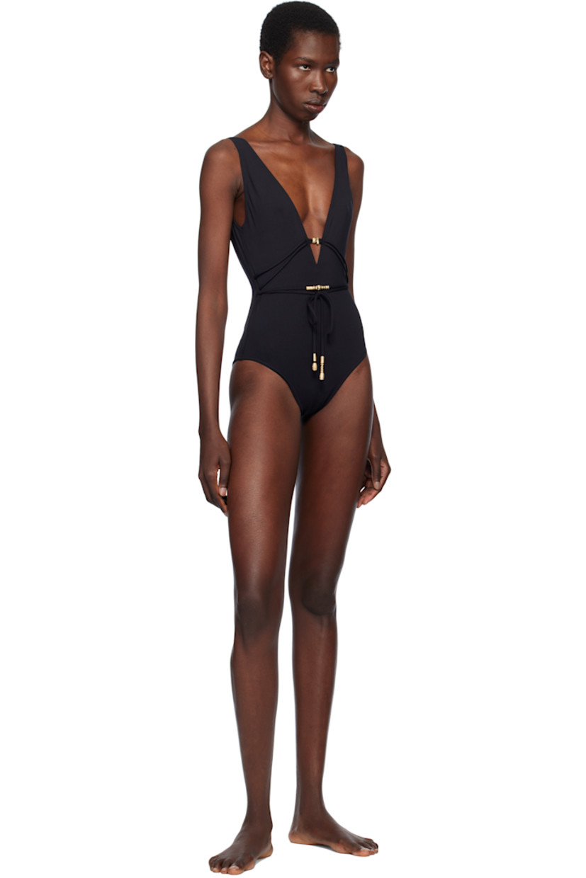 Stretch nylon jersey one-piece swimsuit.

· Plunging V-neck
· Wraparound self-tie straps with beading
· Fixed straps
· Low back
· Partially lined

Supplier color: Noir