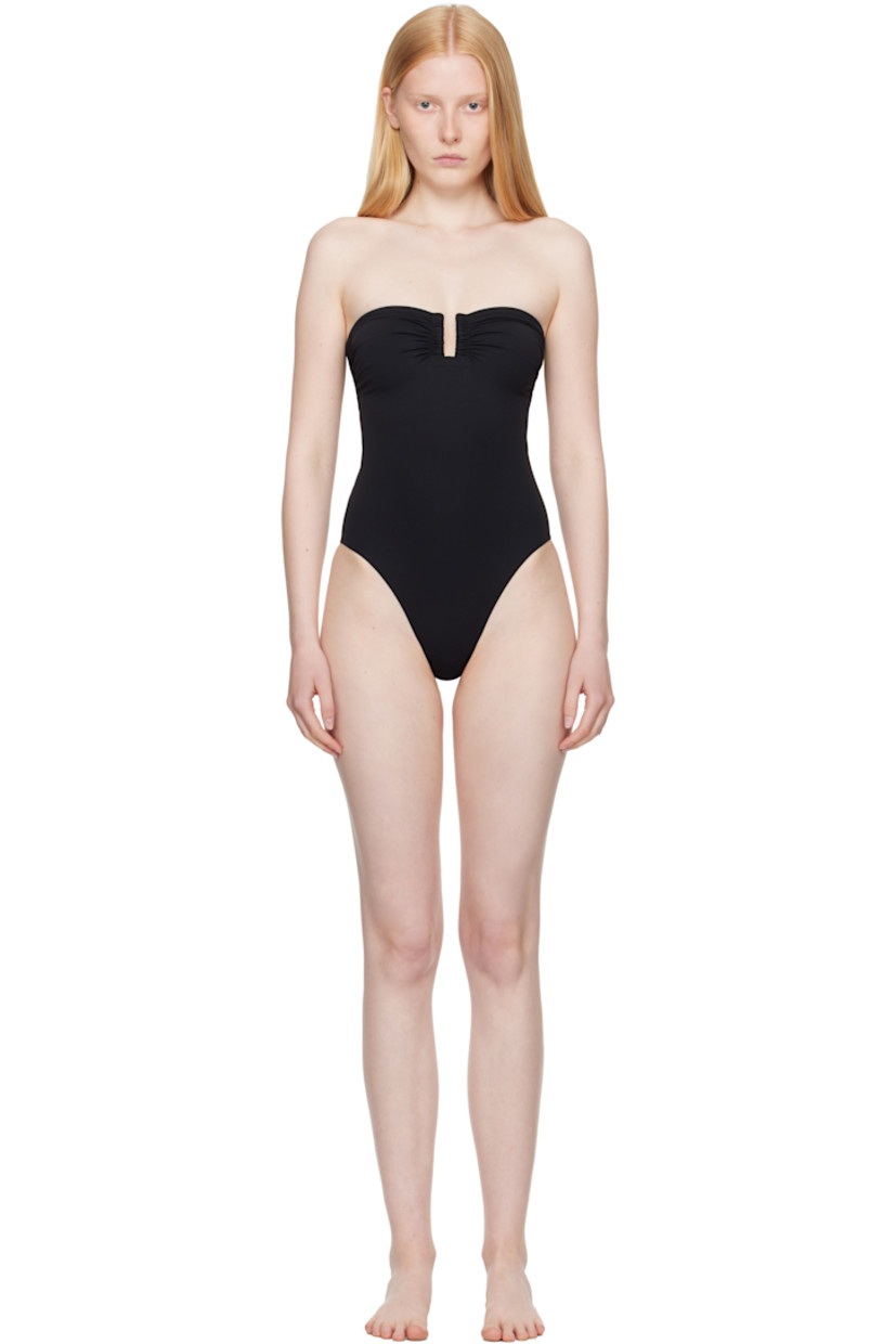 Stretch nylon jersey one-piece swimsuit. 

· Straight neck 
· Concealed hardware and anti-slip silicone band at chest
· Gathering at chest and sides 
· Fully lined

Supplier color: Noir N