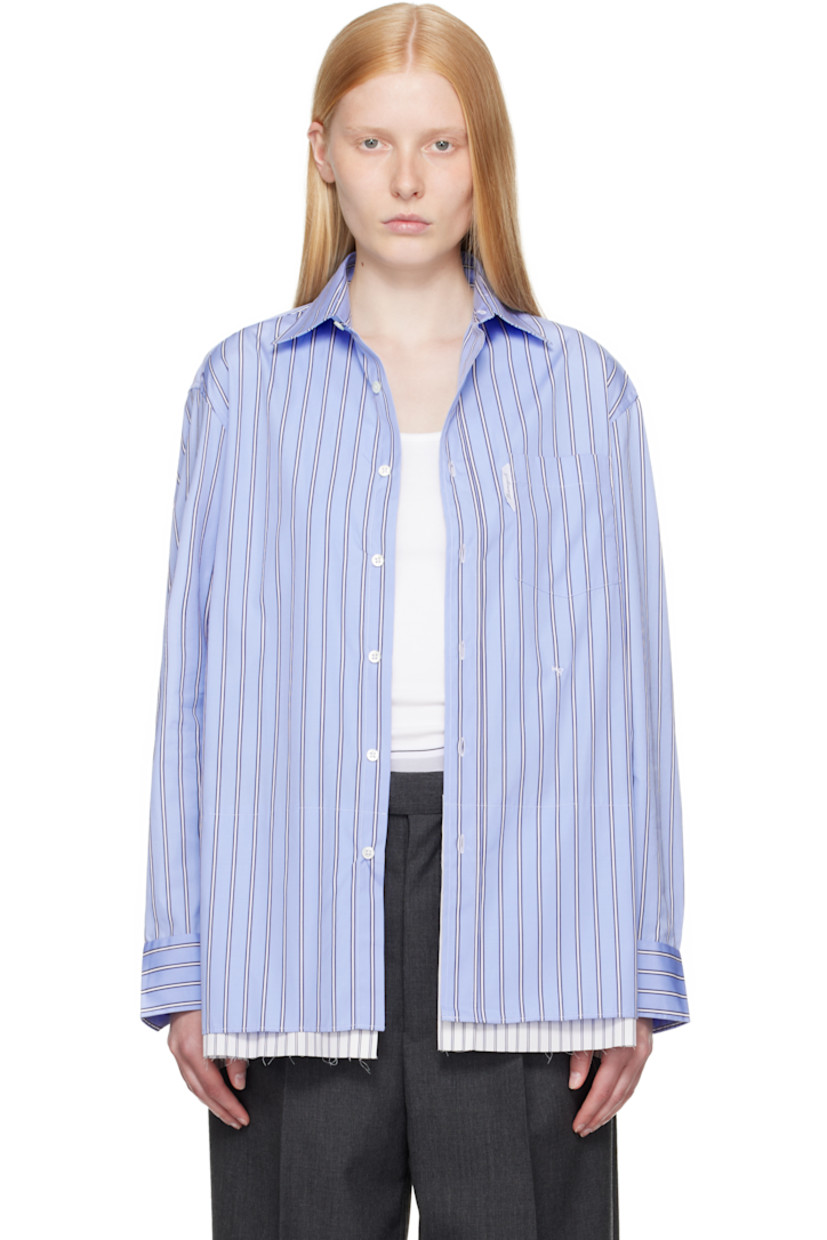 Cotton poplin shirt-style minidress. Stripes throughout

· Spread collar
· Button closure
· Logo flag and patch pocket at chest
· Logo embroidered at front
· Raw edge at tiered hem
· Adjustable buttoned barrel cuffs
· Box pleat at back yoke
· Logo-engraved mother-of-pearl hardware

Supplier color: Japanese blue stripe