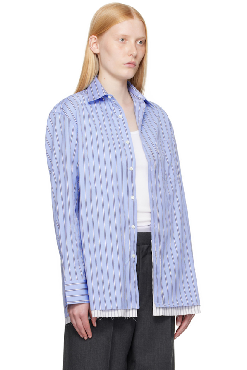 Cotton poplin shirt-style minidress. Stripes throughout

· Spread collar
· Button closure
· Logo flag and patch pocket at chest
· Logo embroidered at front
· Raw edge at tiered hem
· Adjustable buttoned barrel cuffs
· Box pleat at back yoke
· Logo-engraved mother-of-pearl hardware

Supplier color: Japanese blue stripe