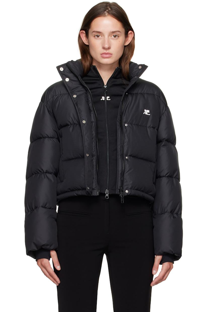 Insulated and quilted satin jacket.

· Stand collar
· Two-way zip closure with press-stud placket
· Zip pockets at front
· Bungee-style drawstring at cropped hem
· Logo flag at side seam
· Thumbhole at inset jersey cuffs
· Zip pocket at interior
· Fully lined

Supplier color: Black