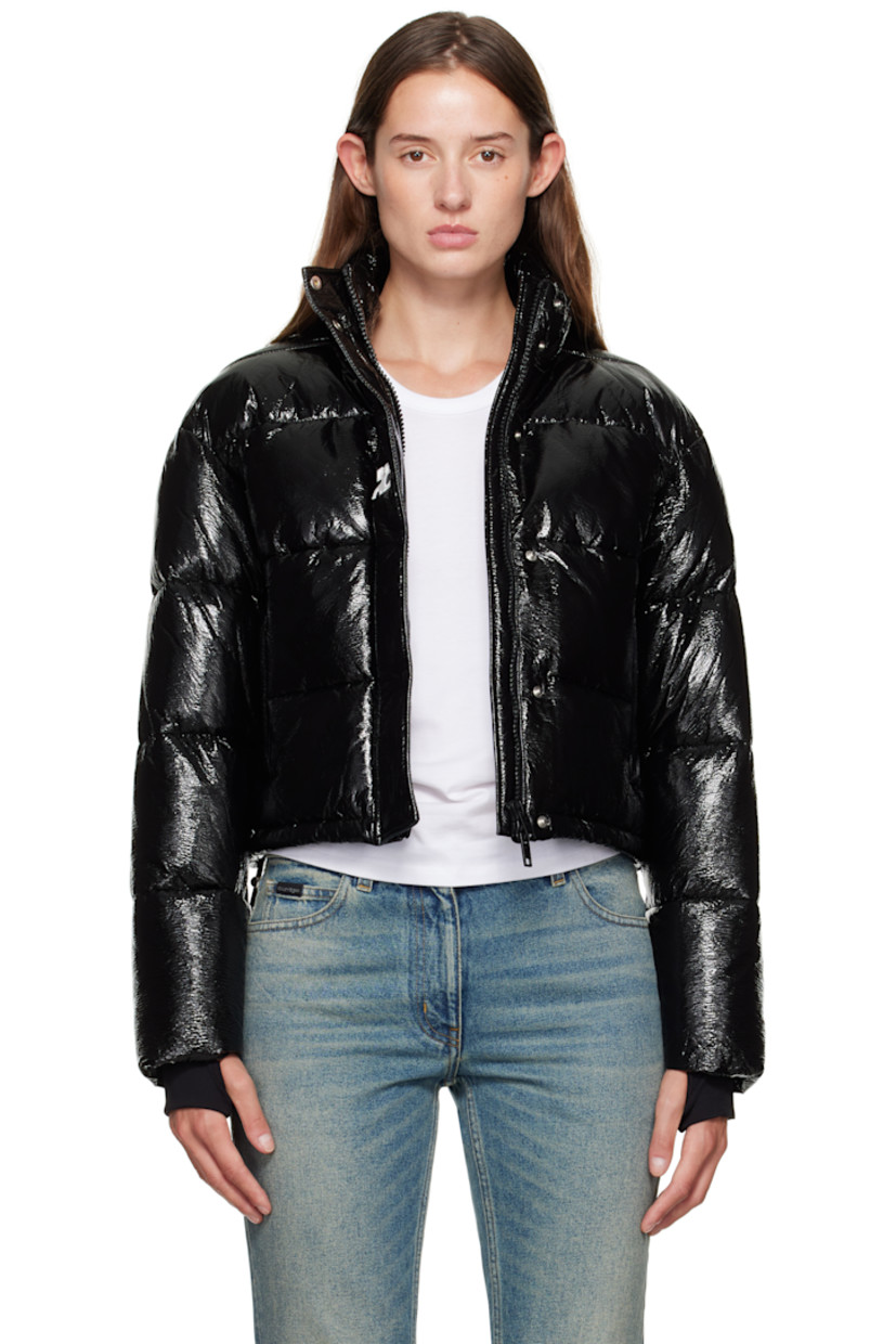 Insulated and quilted stretch vinyl jacket.

· Stand collar
· Two-way zip closure with press-stud placket
· Zip pockets at front
· Bungee-style drawstring at cropped hem
· Logo flag at side seam
· Thumbhole at inset jersey cuffs
· Logo-engraved D-ring at back collar
· Zip pocket at interior
· Full satin lining

Supplier color: Black