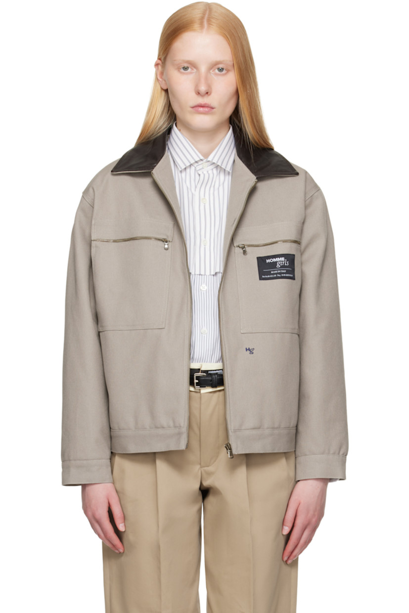 Padded cotton canvas jacket. 

· Grained lambskin spread collar
· Zip closure
· Zip pockets and welt pockets
· Logo patch at chest
· Logo embroidered at front
· Buttoned barrel cuffs
· Full satin lining
· Logo-engraved antiqued brass-tone hardware

Supplier color: Grey canvas