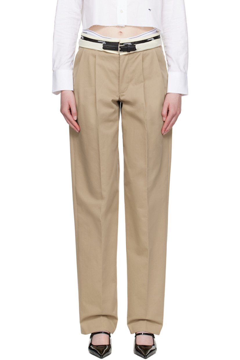 Cotton twill trousers.

· Fixed foldover waistband with logo-patterned trim
· Detachable leather pin-buckle belt
· Four-pocket styling
· Zip fly
· Pleats at front
· Creased legs
· Unfinished cuffs

Supplier color: Khaki