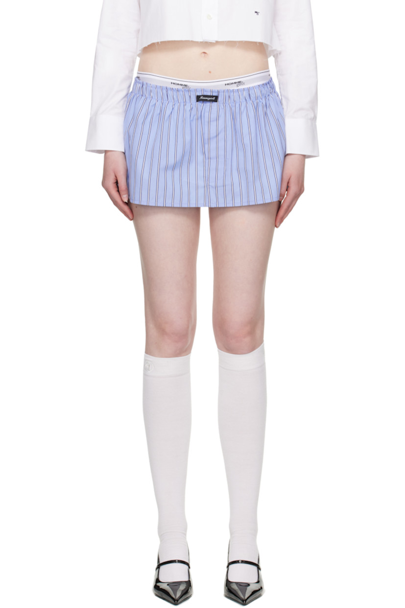 Cotton poplin miniskirt. Stripes throughout.

· Alternate function as bandeau top
· Logo patch at elasticized waistband
· Button fly
· Logo embroidered at front hem

Supplier color: Japanese blue stripe