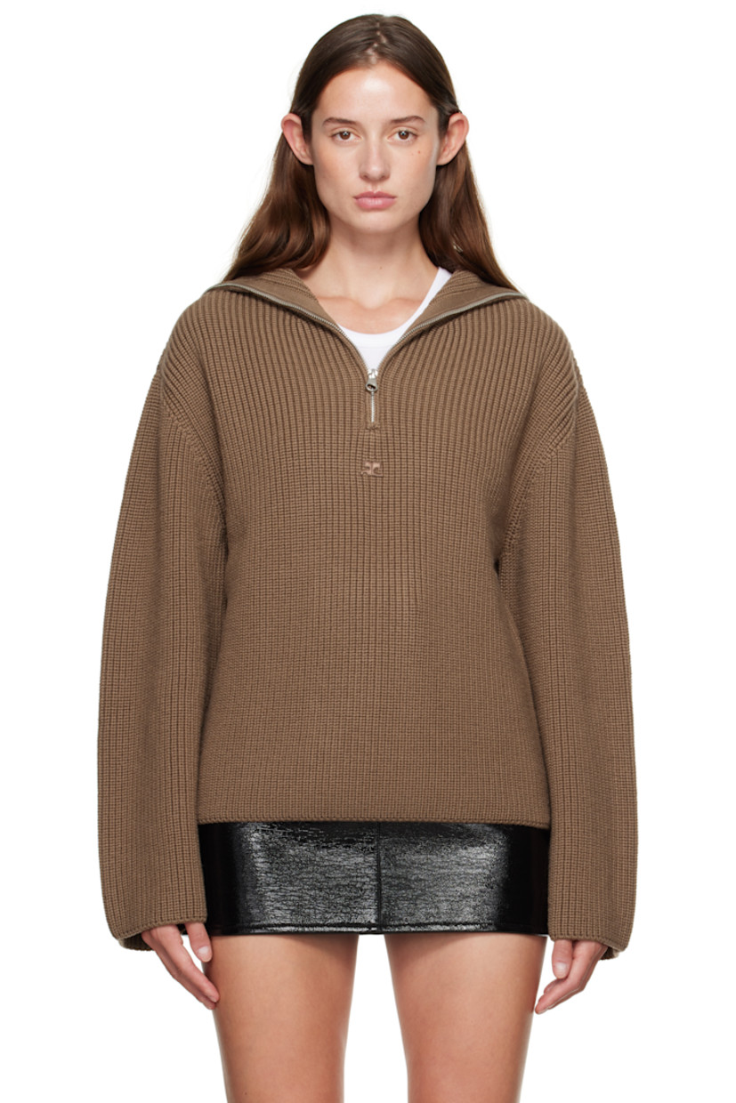 Rib-knit merino wool sweater.

· Funnel neck
· Half-zip closure
· Logo embroidered at chest
· Dropped shoulders

Supplier color: Mocha