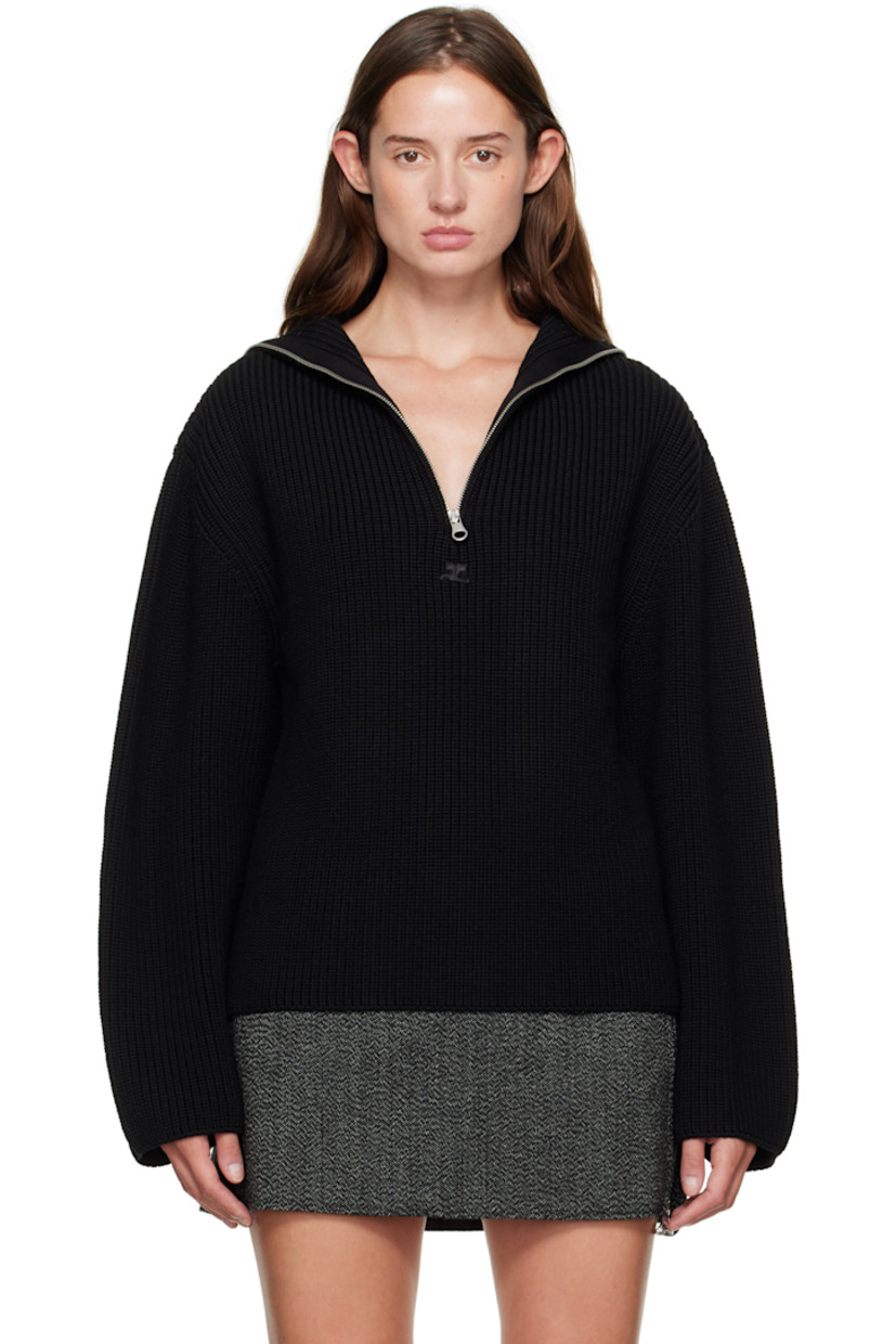 Rib-knit merino wool sweater.

· Funnel neck
· Half-zip closure
· Logo embroidered at chest
· Dropped shoulders

Supplier color: Black