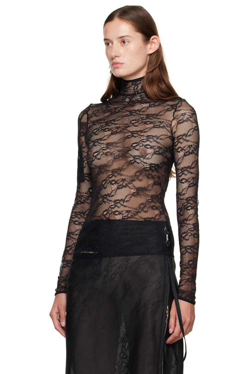 Sheer stretch nylon lace top.

· Mock neck
· Logo embroidered at chest
· Zip pocket at sleeve
· Zip closure at back collar
· Unlined

Supplier color: Black