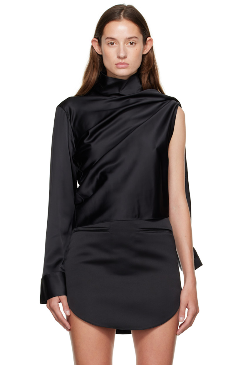Stretch viscose-blend satin blouse. 

�· Single-shoulder construction 
· Draping throughout 
· Mock neck 
· Buttoned vent at convertible sleeve 
· Buttoned fastening at back collar 

Supplier color: Black