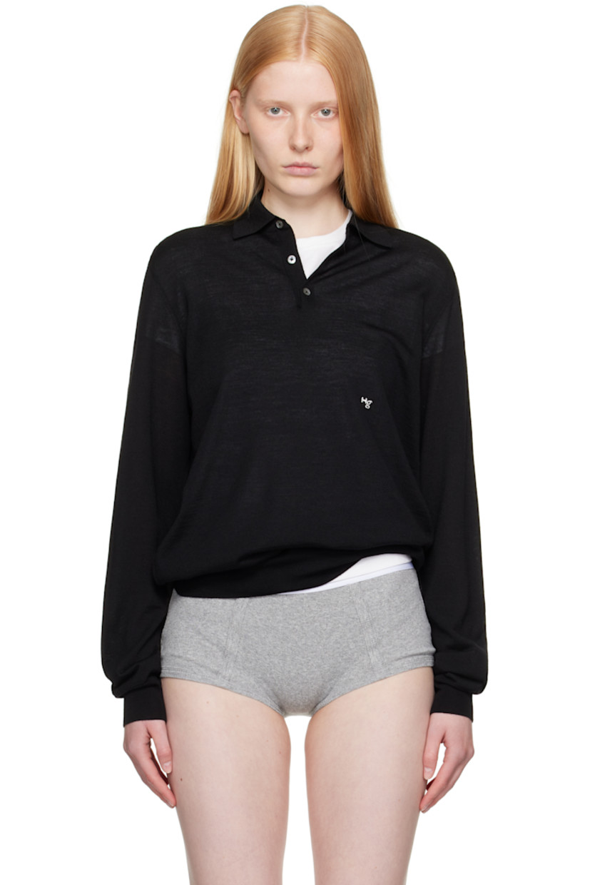 Semi-sheer knit merino wool polo. 

· Rib-knit spread collar, hem, and cuffs
· Three-button placket
· Logo embroidered at front

Supplier color: Black