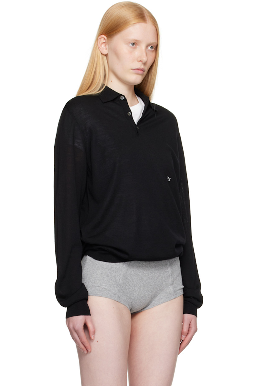 Semi-sheer knit merino wool polo. 

· Rib-knit spread collar, hem, and cuffs
· Three-button placket
· Logo embroidered at front

Supplier color: Black