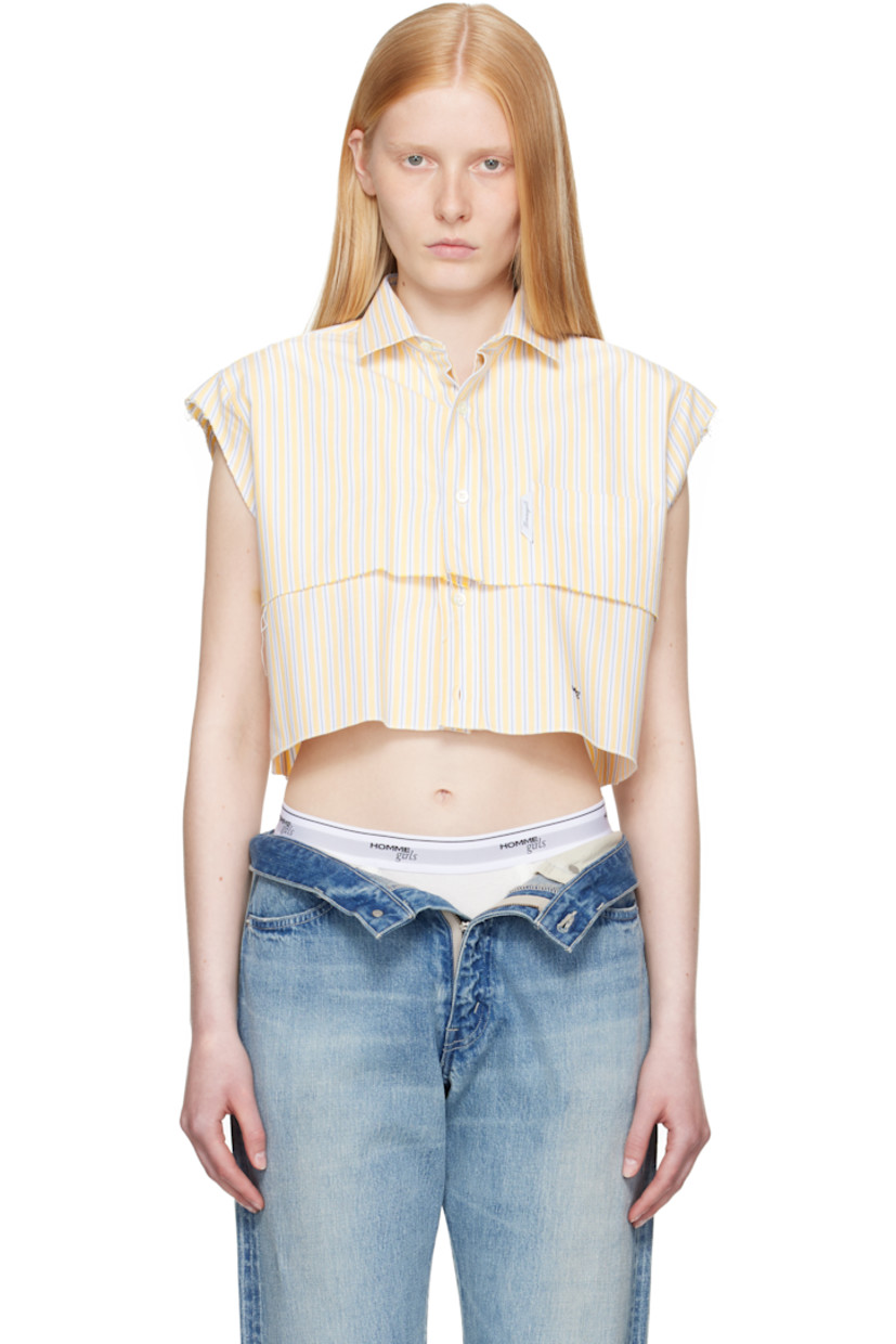 Cotton oxford cloth shirt. Stripes throughout.

· Spread collar
· Button closure
· Logo flag and patch pocket at chest
· Raw edge at layered yoke and armscyes
· Logo embroidered at front
· Cropped hem
· Box pleat at back yoke
· Logo-engraved mother-of-pearl hardware

Supplier color: Yellow stripe oxford
