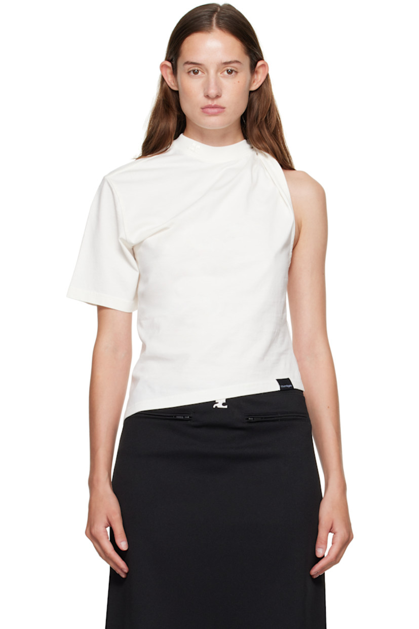 Cotton jersey T-shirt.

· Asymmetrical construction
· Logo embroidered at rib-knit crewneck
· Logo flag at hem
· Twisting at shoulder

Supplier color: Heritage white