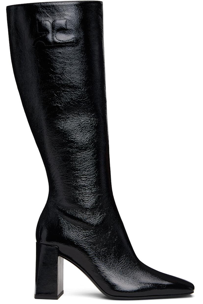 Knee-high crinkled patent calfskin boots.

· Square toe
· Logo embroidered at outer side
· Zip closure at inner side
· Buffed leather lining
· Covered block heel with rubber injection
· Leather sole
· Heel: H3.25"

Supplier color: Black