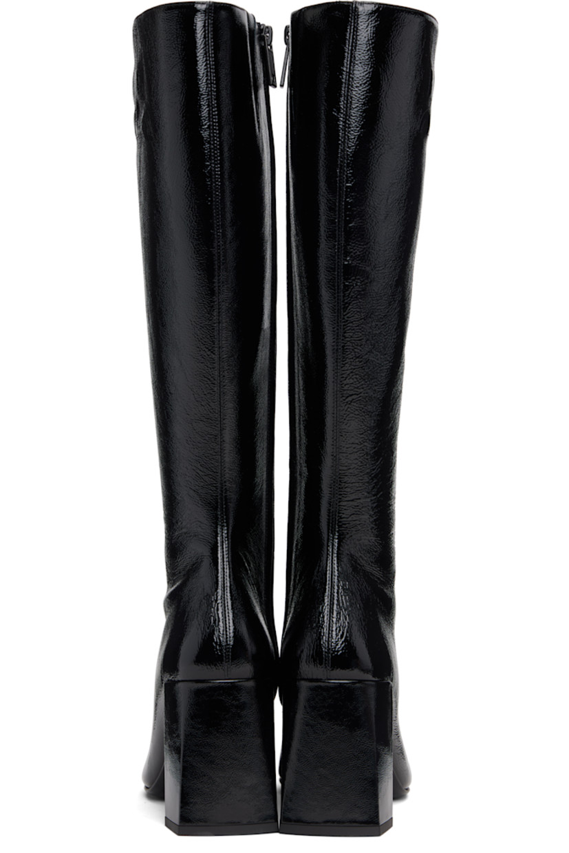 Knee-high crinkled patent calfskin boots.

· Square toe
· Logo embroidered at outer side
· Zip closure at inner side
· Buffed leather lining
· Covered block heel with rubber injection
· Leather sole
· Heel: H3.25"

Supplier color: Black