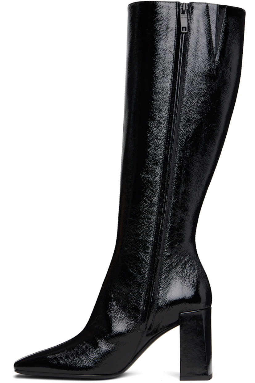 Knee-high crinkled patent calfskin boots.

· Square toe
· Logo embroidered at outer side
· Zip closure at inner side
· Buffed leather lining
· Covered block heel with rubber injection
· Leather sole
· Heel: H3.25"

Supplier color: Black
