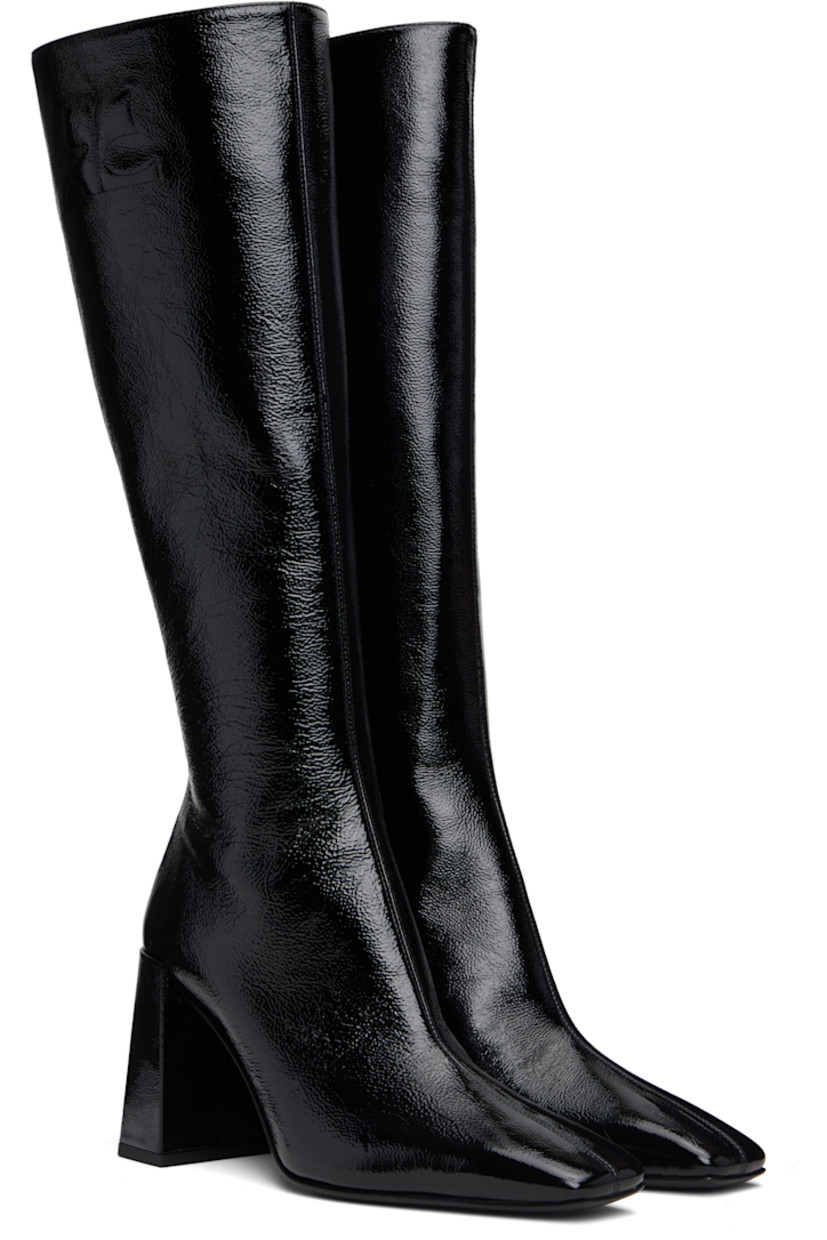 Knee-high crinkled patent calfskin boots.

· Square toe
· Logo embroidered at outer side
· Zip closure at inner side
· Buffed leather lining
· Covered block heel with rubber injection
· Leather sole
· Heel: H3.25"

Supplier color: Black