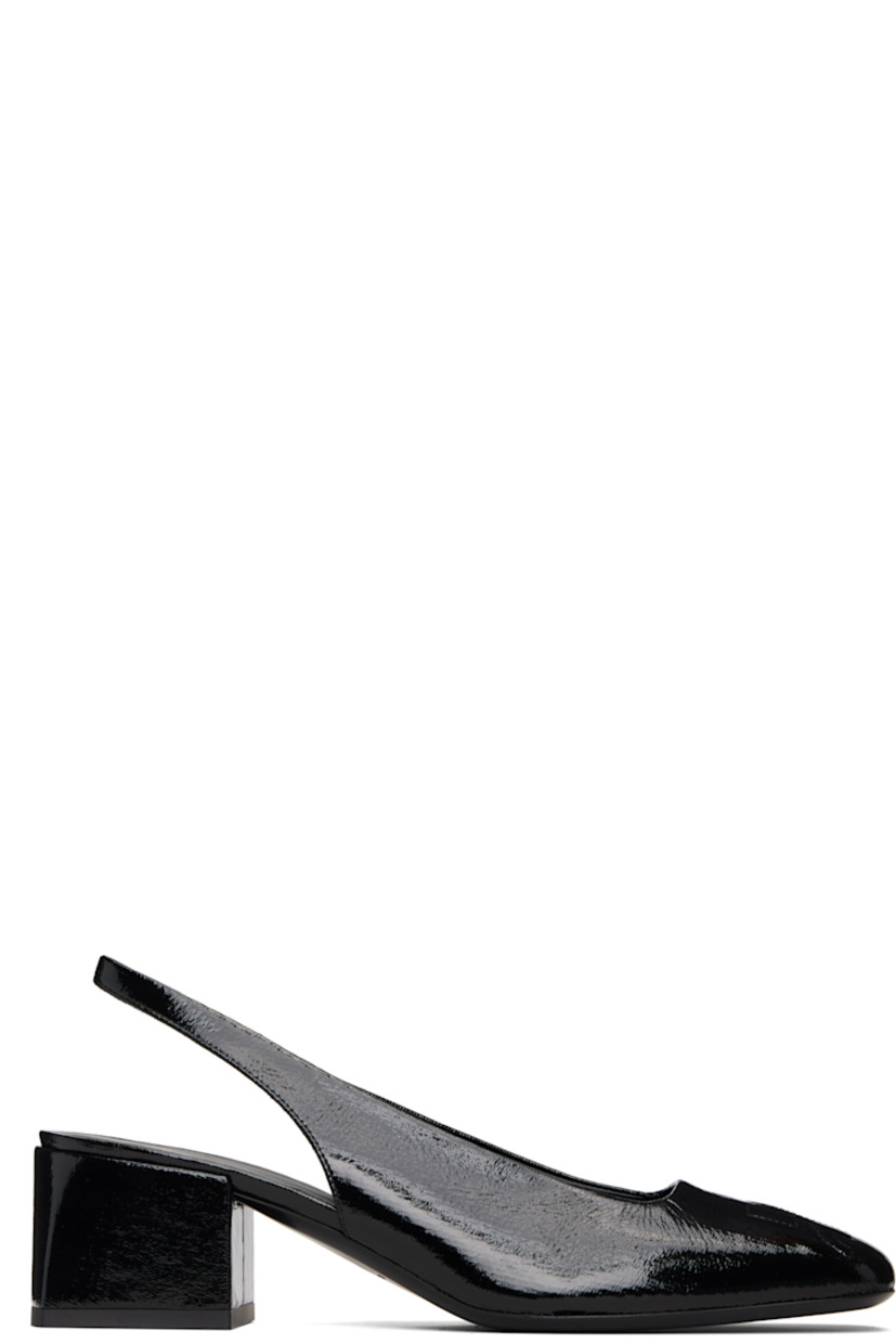 Vinyl heels.

· Square toe
· Logo embroidered at vamp
· Elasticized slingback strap
· Covered block heel with rubber injection
· Leather sole
· Heel: H2"

Supplier color: Black