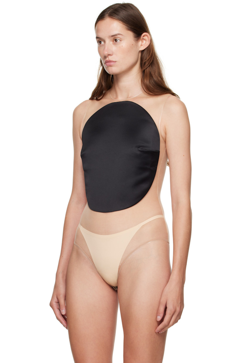 Semi-sheer mesh and satin bodysuit. 

· Crewneck
· Darts at chest
· Press-stud fastening at bottom
· Zip closure at back 

Supplier color: Black