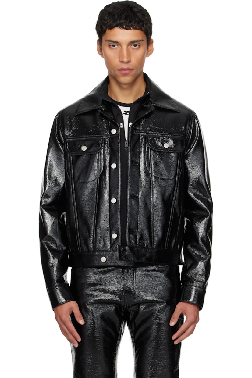 Crinkled stretch vinyl jacket.

· Spread collar
· Button closure
· Flap pockets at chest
· Welt pockets at waist
· Embroidered logo patch at hem
· Buttoned barrel cuffs
· Hardware at back collar
· Adjustable button tabs at back hem
· Welt pocket at interior
· Full satin lining
· Logo-engraved silver-tone hardware

Supplier color: Black