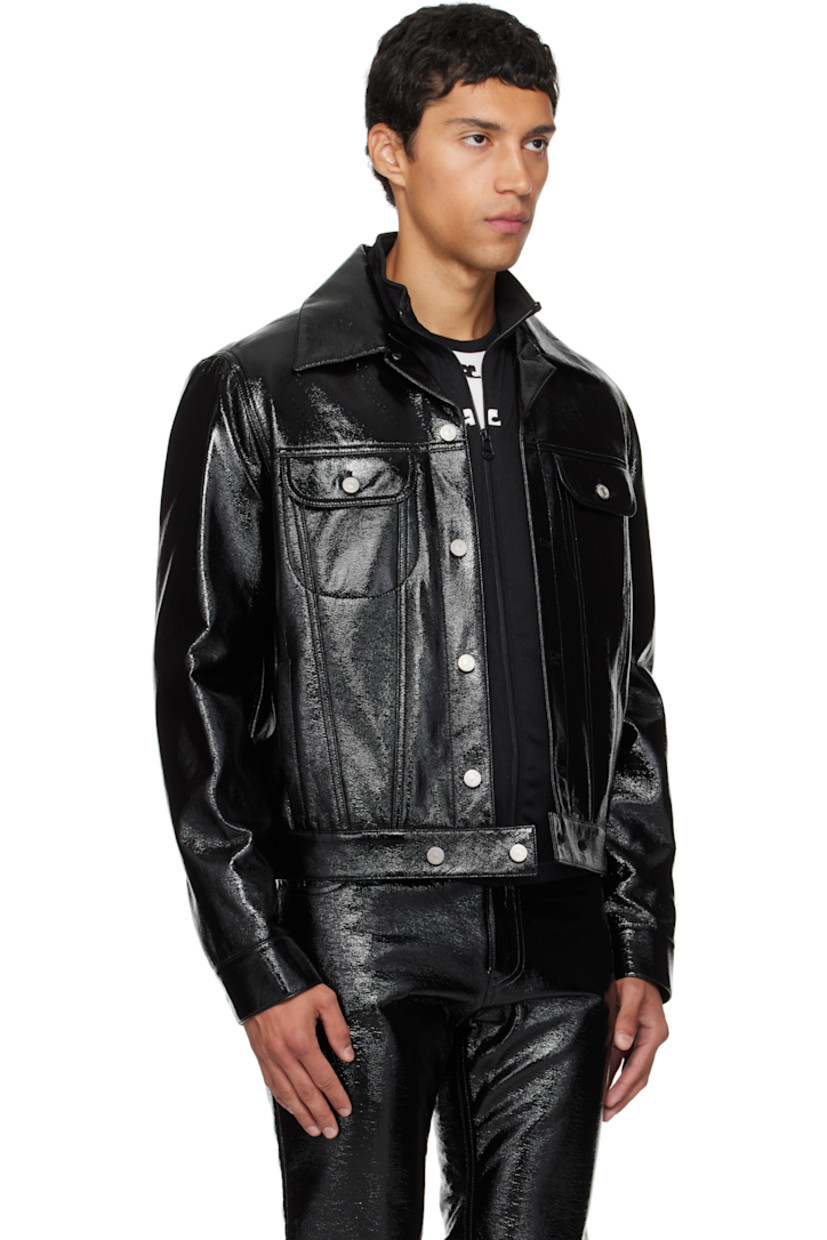 Crinkled stretch vinyl jacket.

· Spread collar
· Button closure
· Flap pockets at chest
· Welt pockets at waist
· Embroidered logo patch at hem
· Buttoned barrel cuffs
· Hardware at back collar
· Adjustable button tabs at back hem
· Welt pocket at interior
· Full satin lining
· Logo-engraved silver-tone hardware

Supplier color: Black
