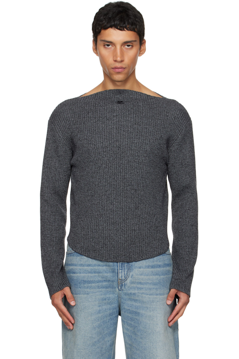 Rib-knit extrafine merino wool sweater.

· Boatneck
· Logo embroidered at chest
· Round hem
· Dropped shoulders

Supplier color: Black/Grey