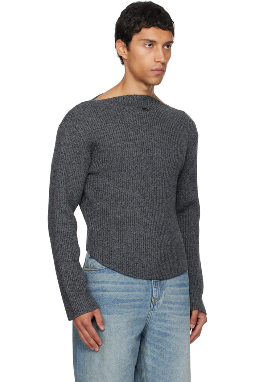 Rib-knit extrafine merino wool sweater.

· Boatneck
· Logo embroidered at chest
· Round hem
· Dropped shoulders

Supplier color: Black/Grey