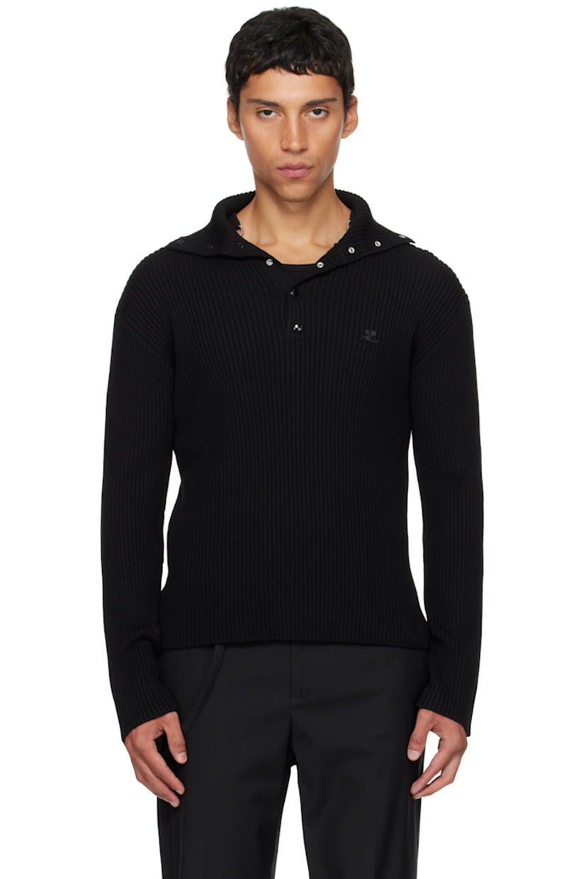 Rib-knit extrafine merino wool polo.

· Spread collar
· Press-stud placket
· Embroidered logo patch at chest
· Dropped shoulders

Supplier color: Black