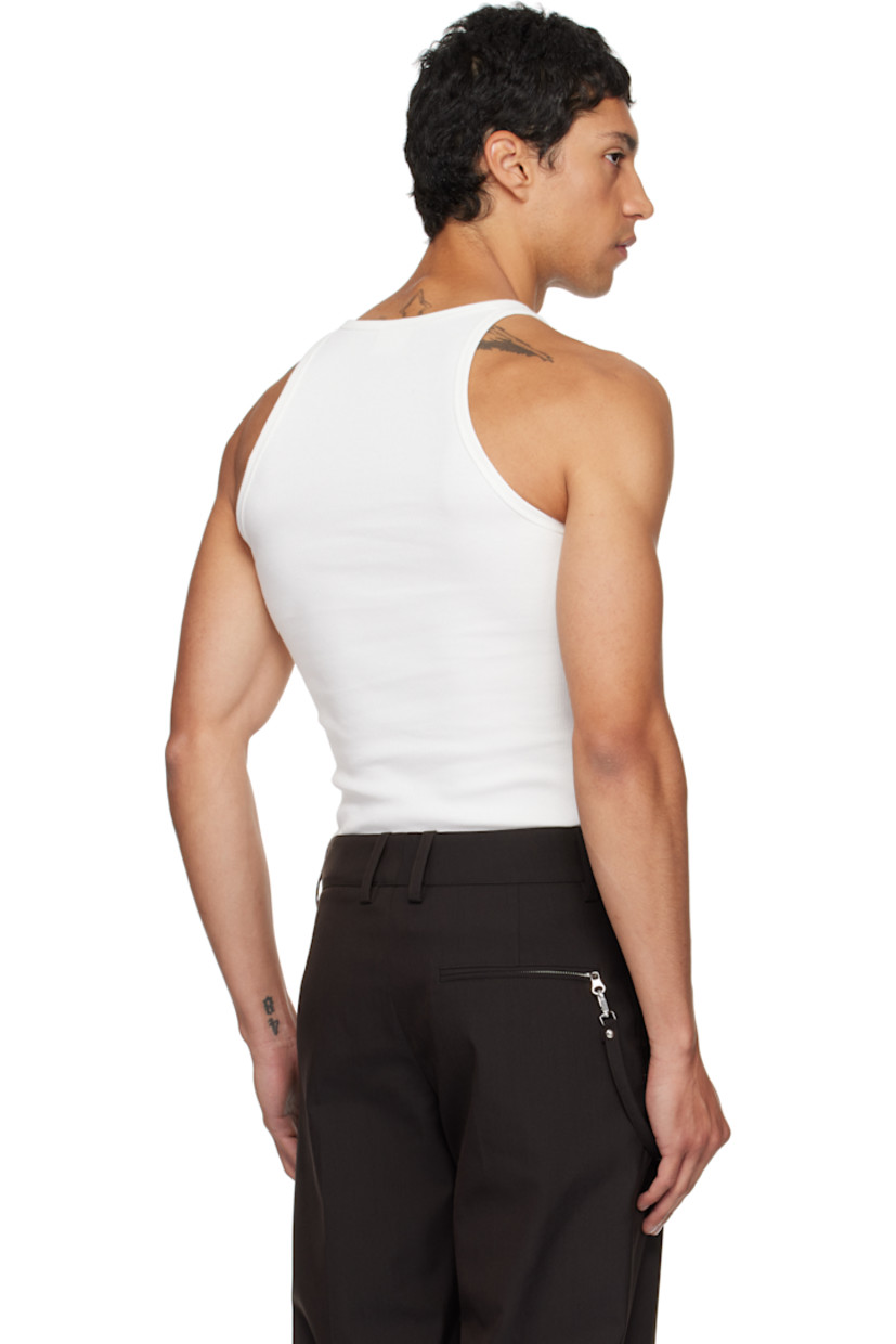 Stretch cotton ribbed jersey tank top.

· Scoop neck
· Logo embroidered at chest
· Round hem
· Rivet and O-ring at fixed shoulder straps

Supplier color: Heritage white