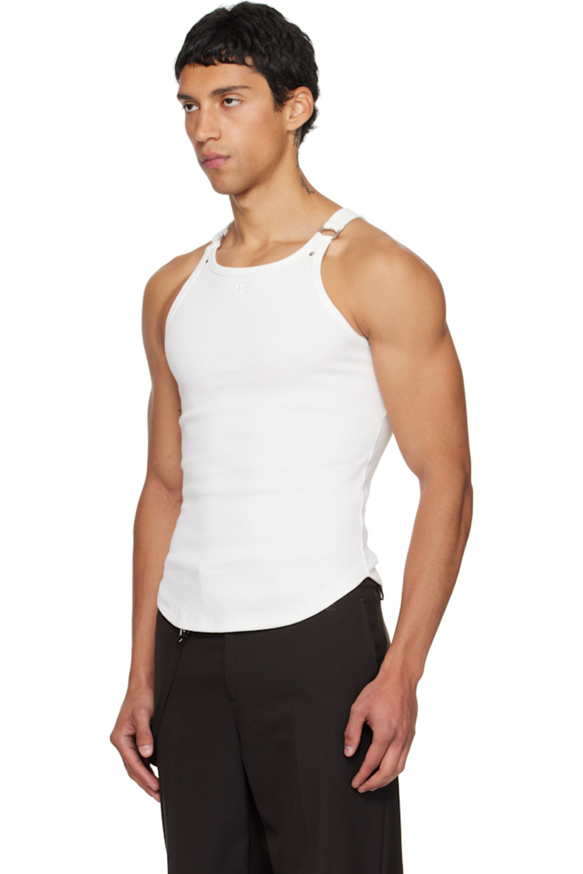 Stretch cotton ribbed jersey tank top.

· Scoop neck
· Logo embroidered at chest
· Round hem
· Rivet and O-ring at fixed shoulder straps

Supplier color: Heritage white