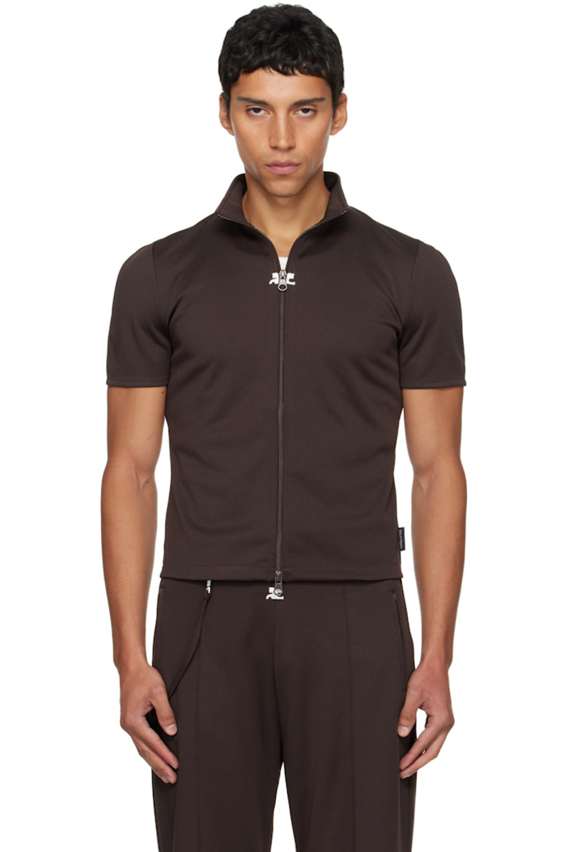 Interlock jersey top.

· Mock neck
· Two-way zip closure
· Embroidered logo patches at chest
· Logo flag at side seam

Supplier color: Chocolate