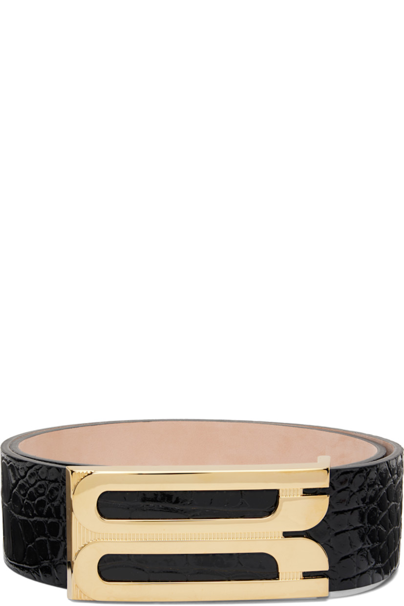Polished croc-embossed calfskin belt.

· Logo hardware at post-stud buckle
· Gold-tone hardware
· W1.5"

Supplier color: Black