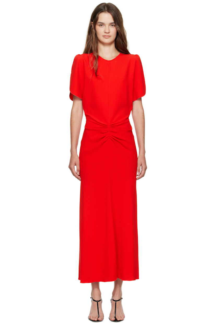 Stretch viscose-blend crêpe midi dress.

· Round neck
· Gathering at waist
· Zip closure at back 
· Unlined

Supplier color: Red