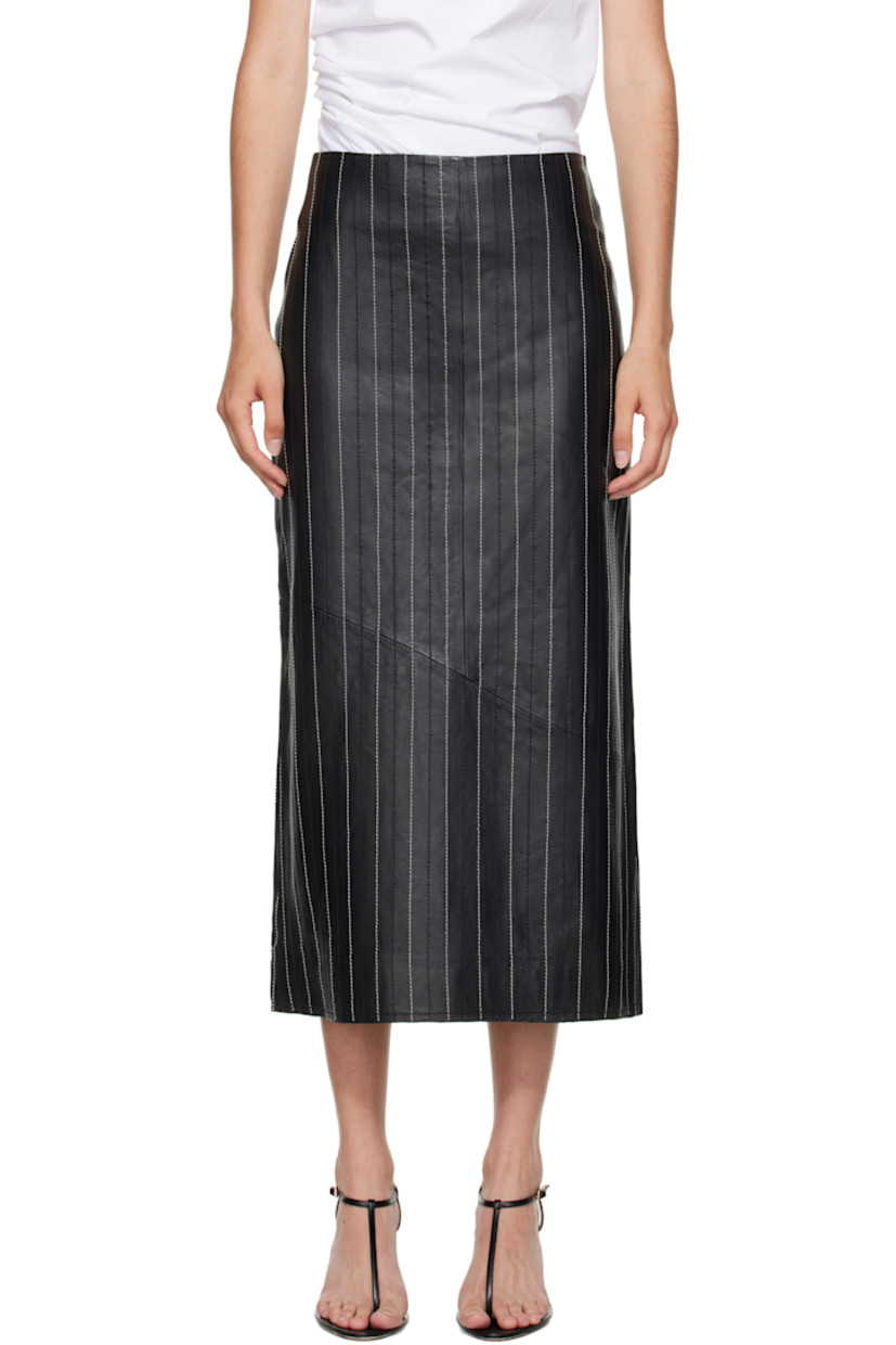 Grained leather midi skirt. 

· Stripes throughout 
· Darts at waist
· Zip closure at back
· Central vent at back hem 
· Partial satin twill lining
· Contrast stitching in white 

Supplier color: Black
