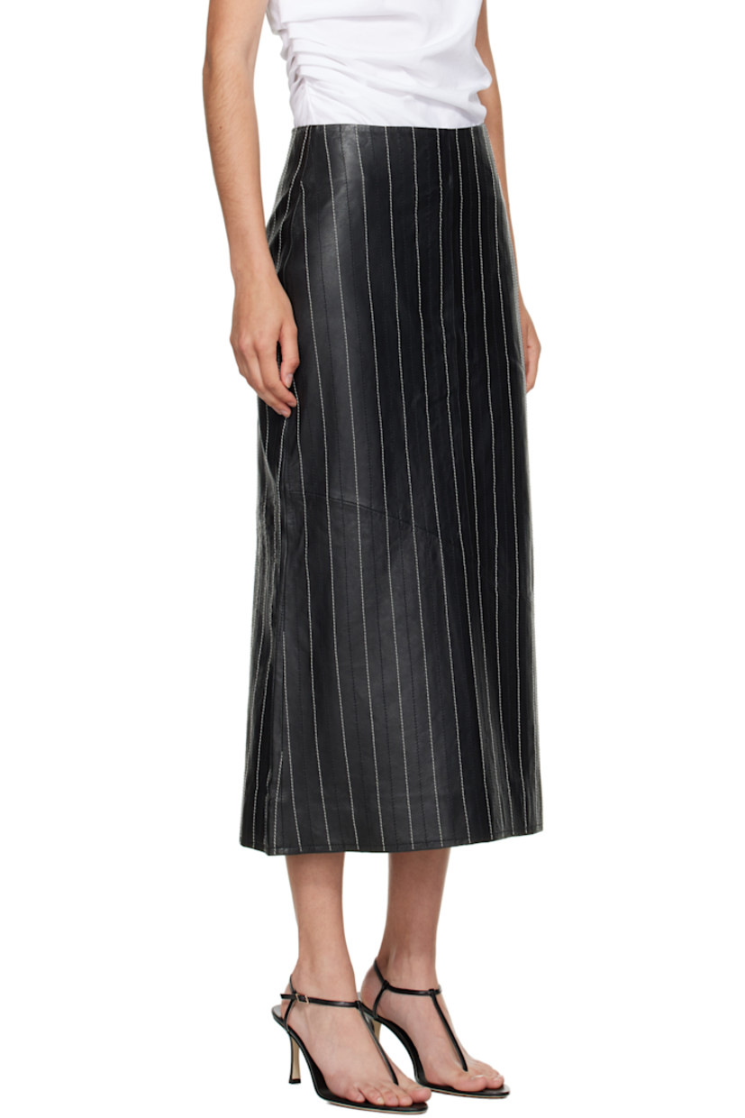 Grained leather midi skirt. 

· Stripes throughout 
· Darts at waist
· Zip closure at back
· Central vent at back hem 
· Partial satin twill lining
· Contrast stitching in white 

Supplier color: Black