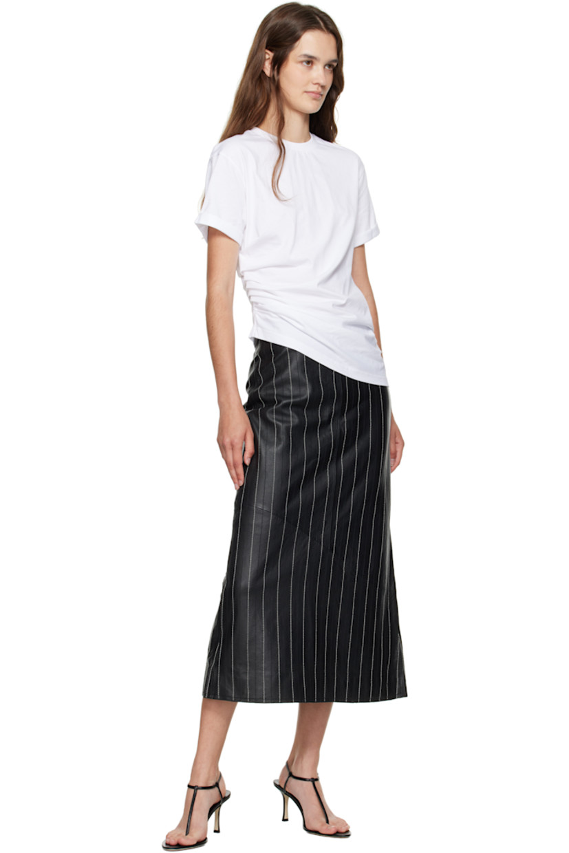 Grained leather midi skirt. 

· Stripes throughout 
· Darts at waist
· Zip closure at back
· Central vent at back hem 
· Partial satin twill lining
· Contrast stitching in white 

Supplier color: Black
