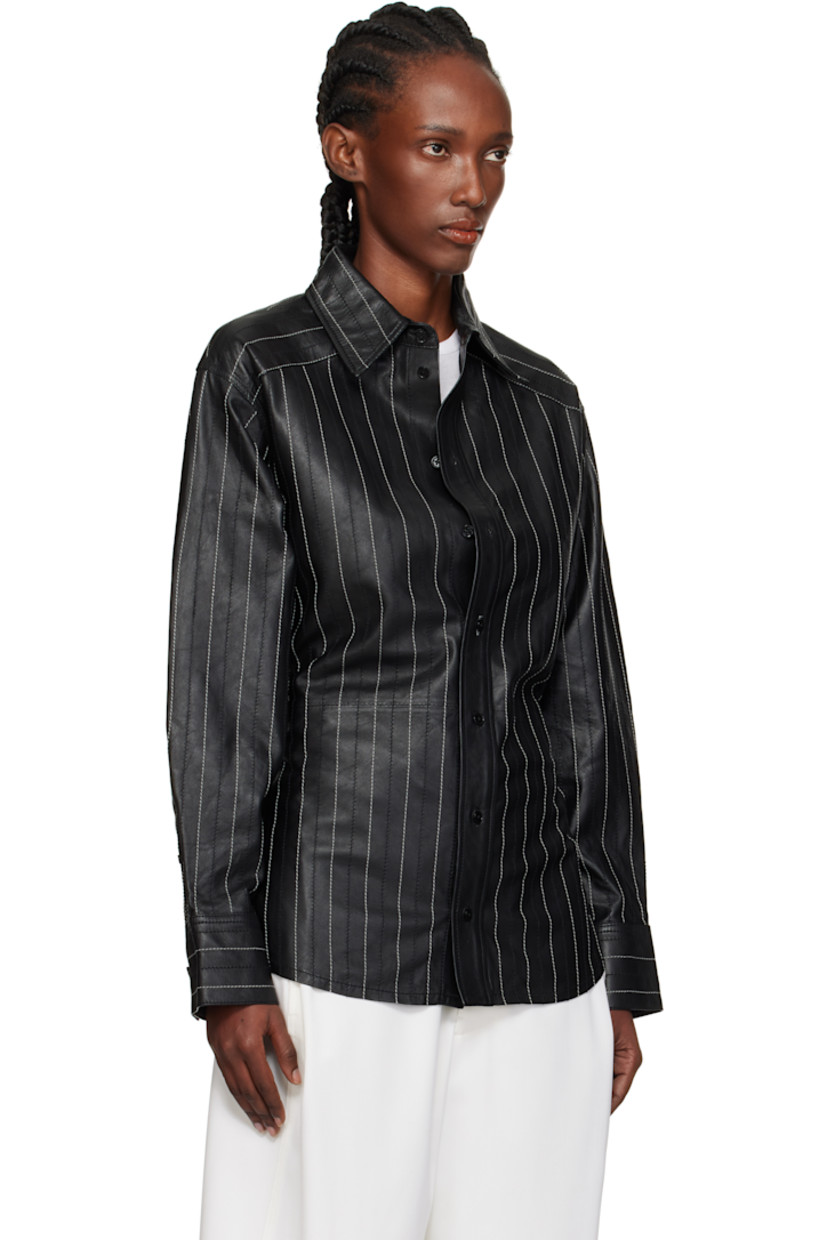 Grained leather shirt. 

· Striped throughout 
· Spread collar 
· Button closure
· Shirttail hem 
· Buttoned barrel cuffs
· Adjustable button tab at back waist
· Contrast stitching in white 

Supplier color: Black/Ivory