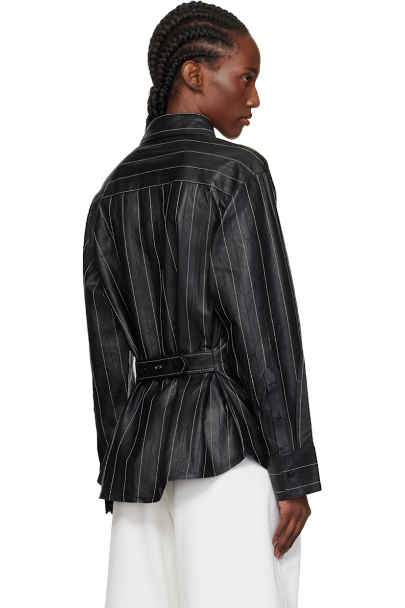 Grained leather shirt. 

· Striped throughout 
· Spread collar 
· Button closure
· Shirttail hem 
· Buttoned barrel cuffs
· Adjustable button tab at back waist
· Contrast stitching in white 

Supplier color: Black/Ivory