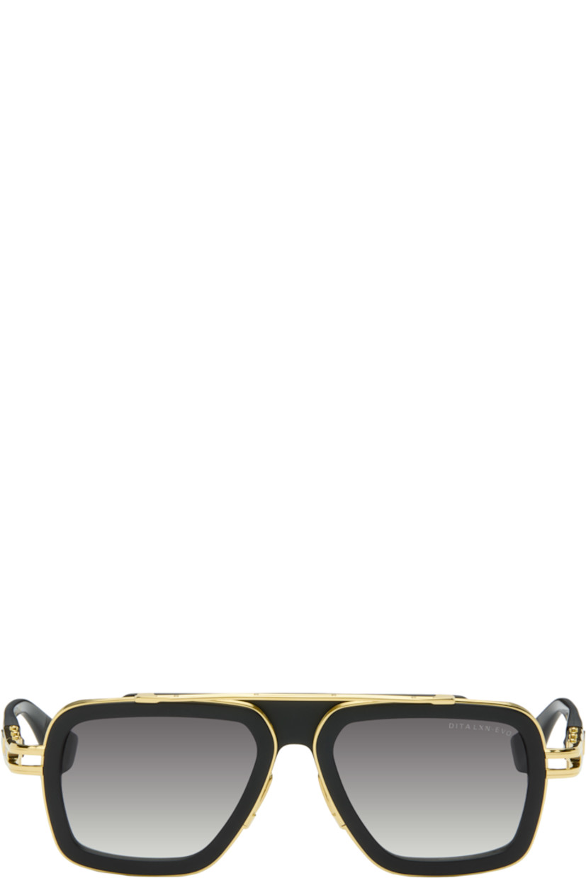 Handcrafted aviator-style titanium- and acetate-frame sunglasses.

· Anti-reflective CR-39 gray lenses
· Logo etched at lens
· 100% UVA/UVB protection
· Top bar
· Adjustable titanium nose pads
· Cutout and fluted detailing at temples
· Inset logo at temple tip
· Includes case
· Size: 54.19 145

Supplier color: Matte black/Yellow gold