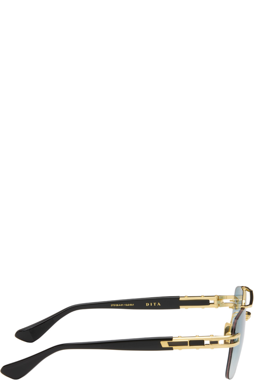 Handcrafted and aviator-style rimless titanium- and acetate-frame sunglasses. 

· Anti-reflective CR-39 blue lenses
· Logo etched at lens 
· 100% UVA/UVB protection
· Top bar 
· Adjustable metal nose pads
· Fluted detailing at temples
· Inset logo at temple tip
· Includes case
· Size: 57.16 145

Available exclusively at SSENSE.

Supplier color: Black/Gold