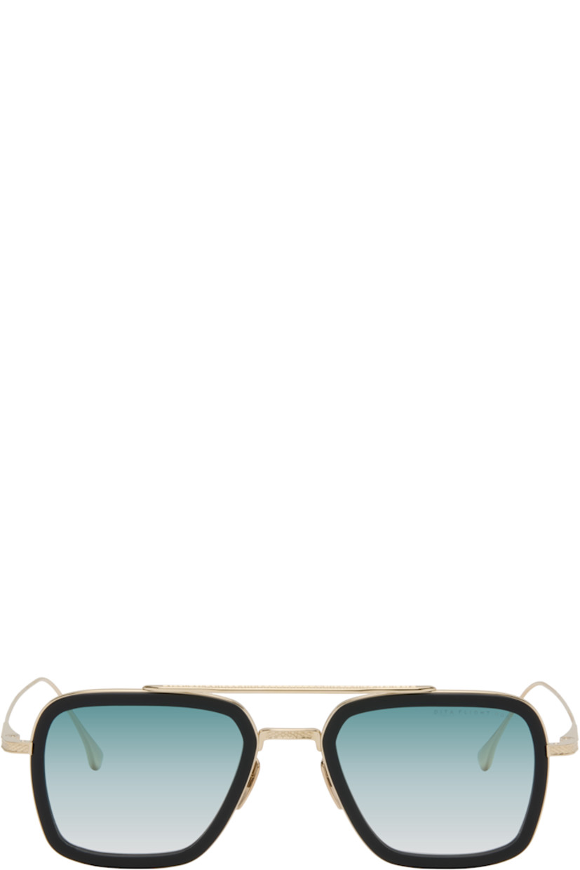 Handcrafted and aviator-style titanium- and acetate-frame sunglasses.

· Graphic pattern engraved throughout
· Anti-reflective CR-39 blue lenses
· Logo etched at lens 
· 100% UVA/UVB protection
· Adjustable metal nose pads
· Double bridge
· Includes case
· Size: 52.22 144

Available exclusively at SSENSE.

Supplier color: Matte black/Gold
