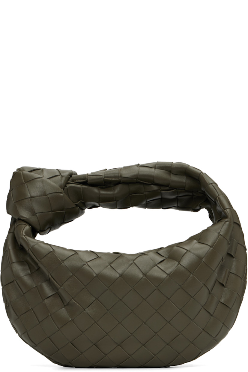 Intrecciato-woven grained calfskin top handle bag.

· Knot at integrated carry handle
· Zip closure
· Buffed leather lining
· Gold-tone hardware
· H4" x W10" x D3.5"

Supplier color: Cypress